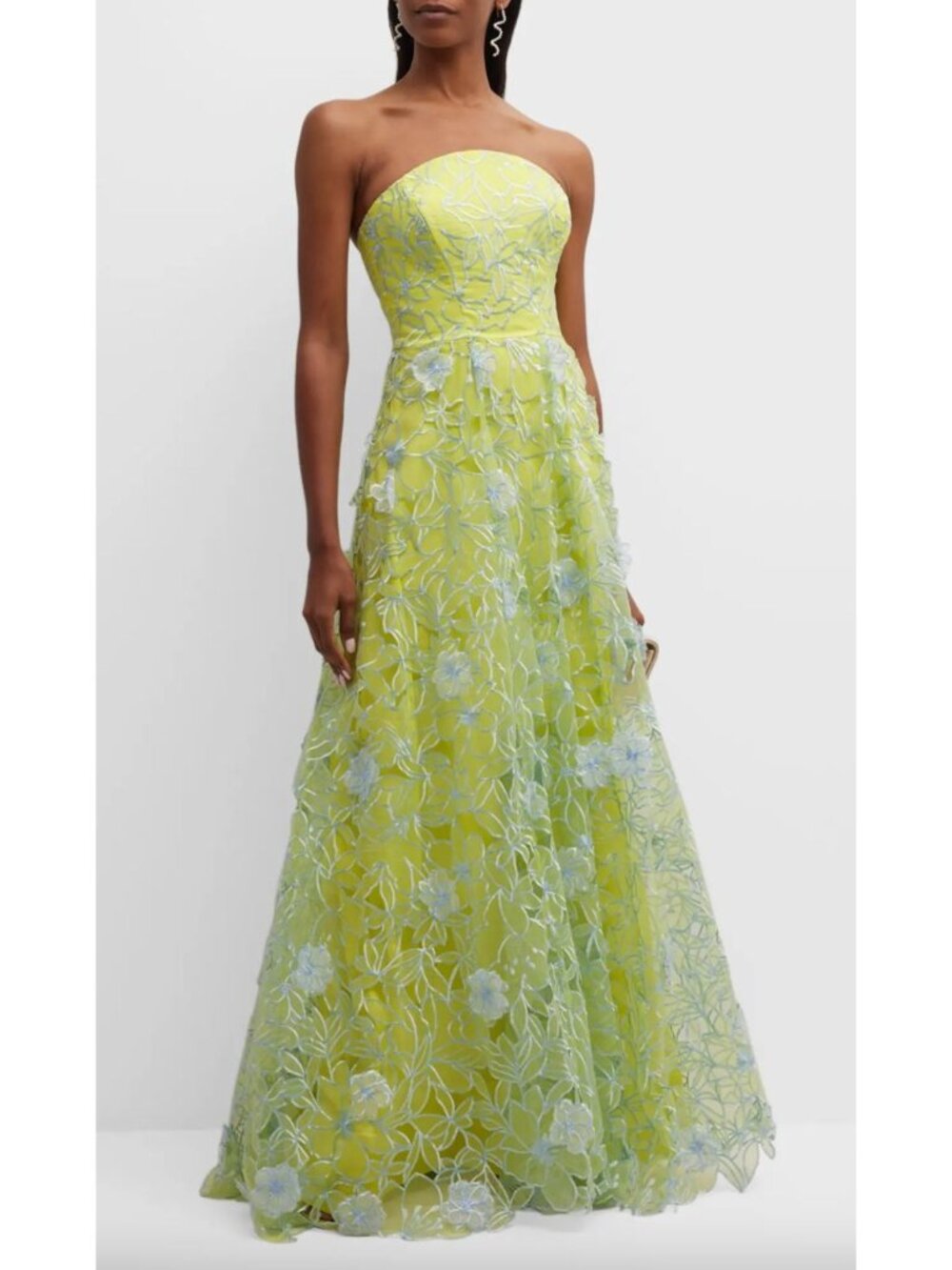 Marchesa Notte $1,195 Strapless Cutout Floral-Embroidered Gown Size 16 Yellow